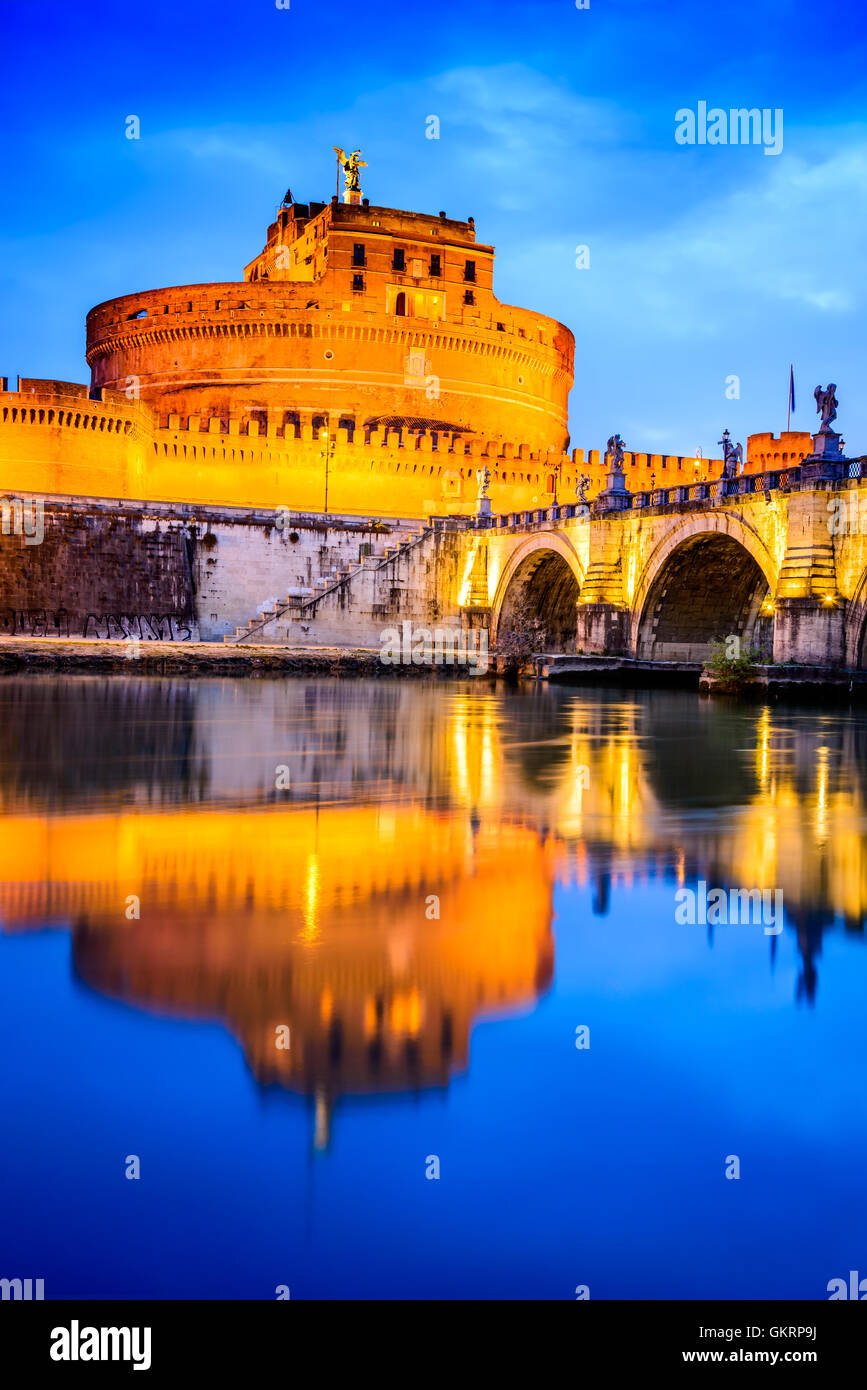 Rome, Italy. Castle Sant Angelo twilight, built by Hadrian emperor as ...