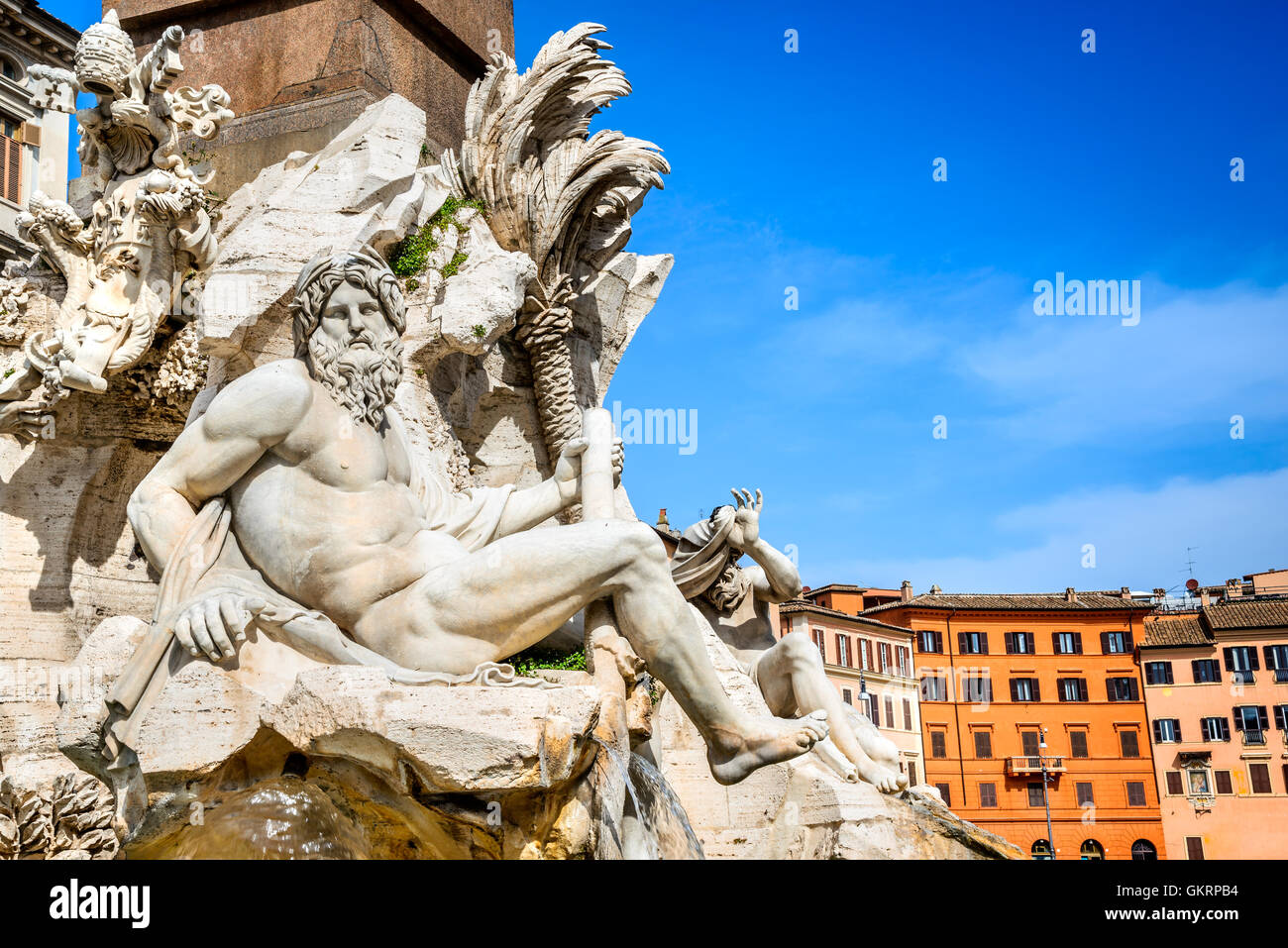 Rome, Italy. Fountain of the Four Rivers (Fontana dei Quattro Fiumi) with an Egyptian obelisk in famous Piazza Navona square Stock Photo