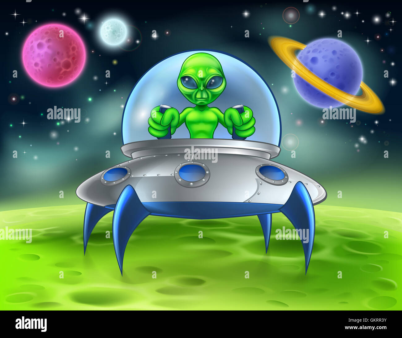 A little green man alien cartoon character piloting a flying saucer spaceship on a planet Stock Photo