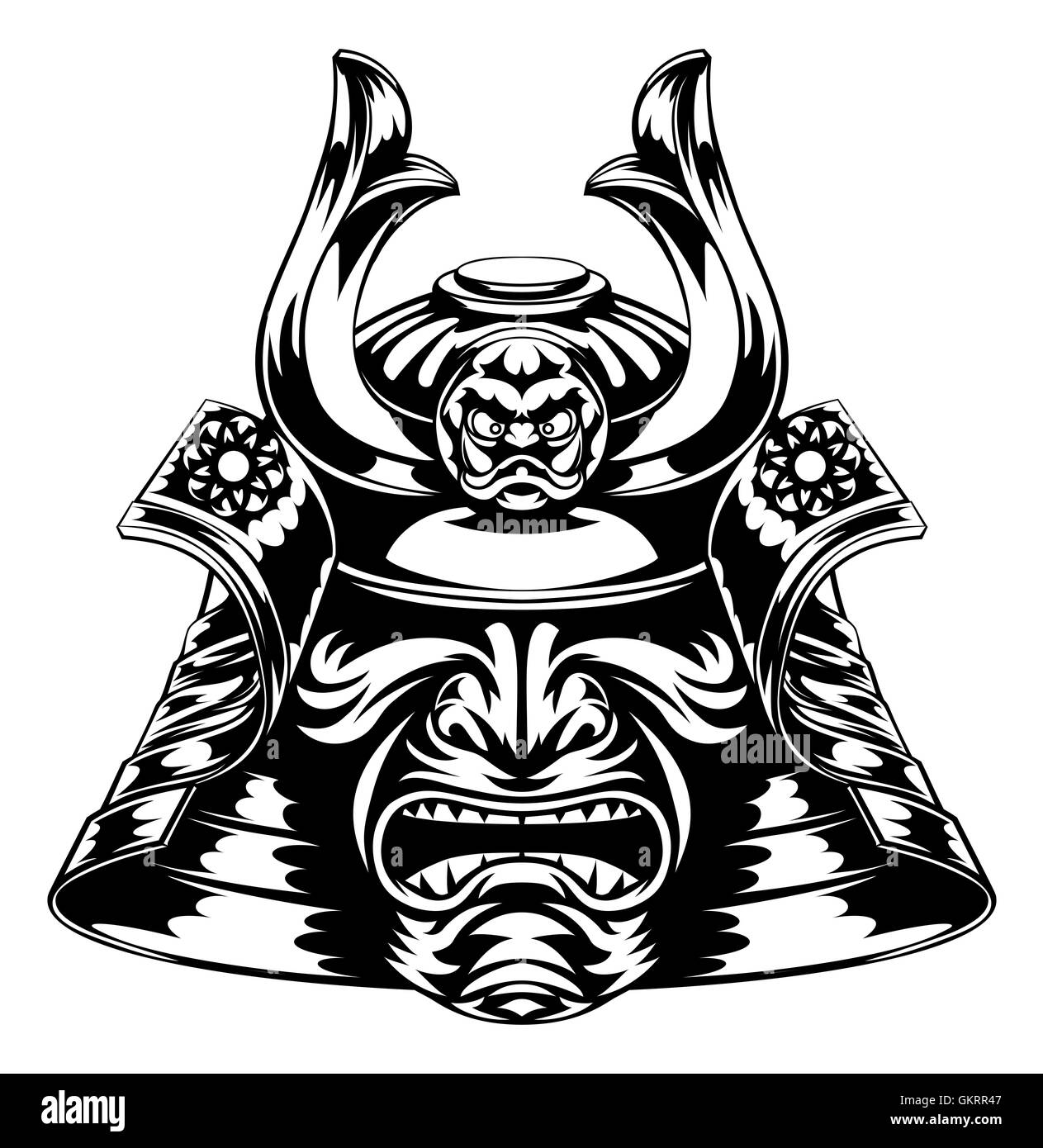 A Japanese samurai mask and helmet illustration Stock Photo