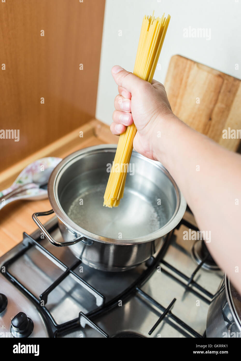 Spaghetti in pan cooking in boiling water Stock Photo
