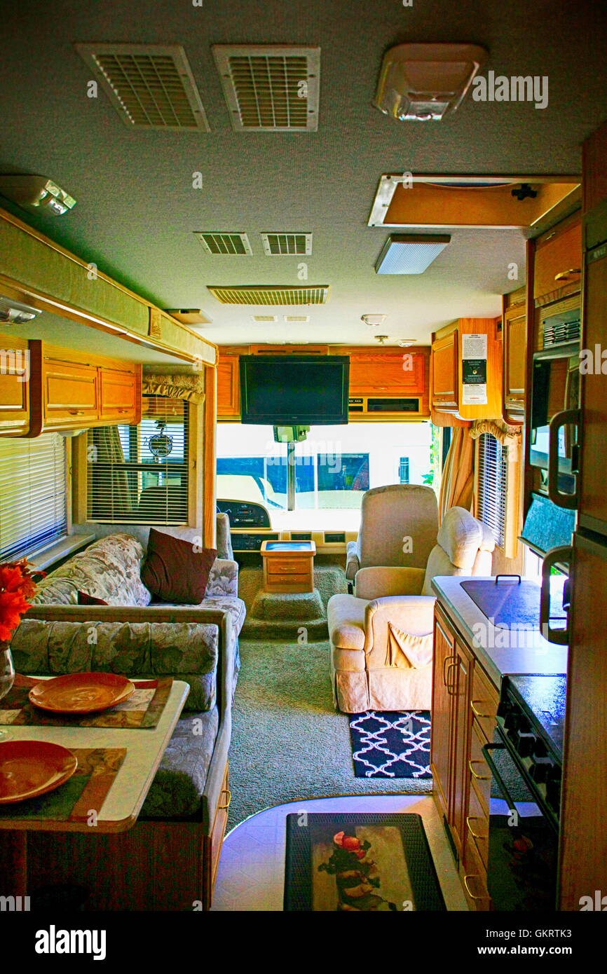 Interior view facing forward in a 32ft class A motorhome  in Florida Stock Photo