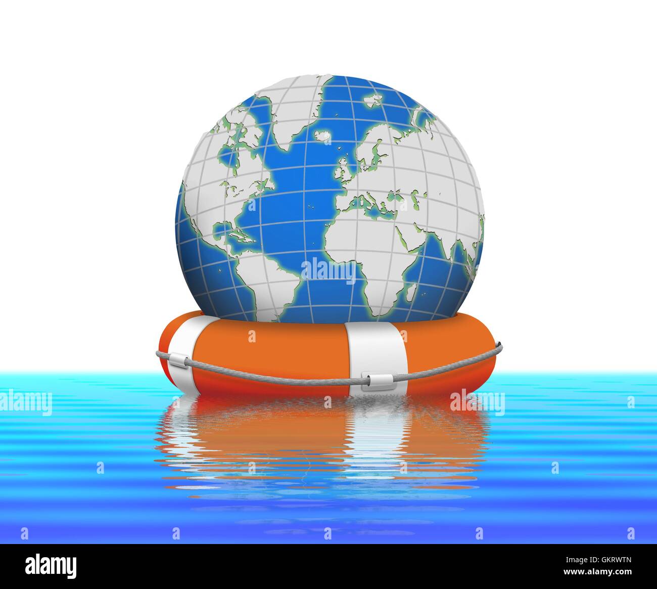 Lifebuoy and earth globe floating in water Stock Photo Alamy