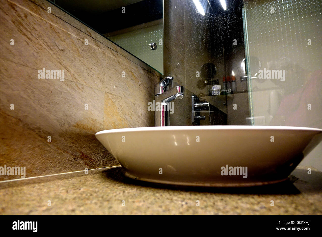View of a Hotel Bath (wash basin in view). Stock Photo