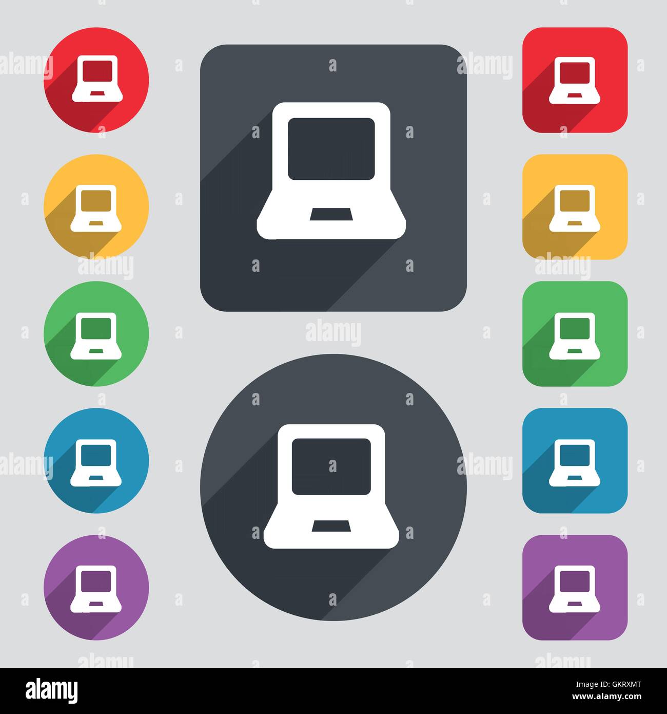 Laptop icon sign. A set of 12 colored buttons and a long shadow. Flat ...