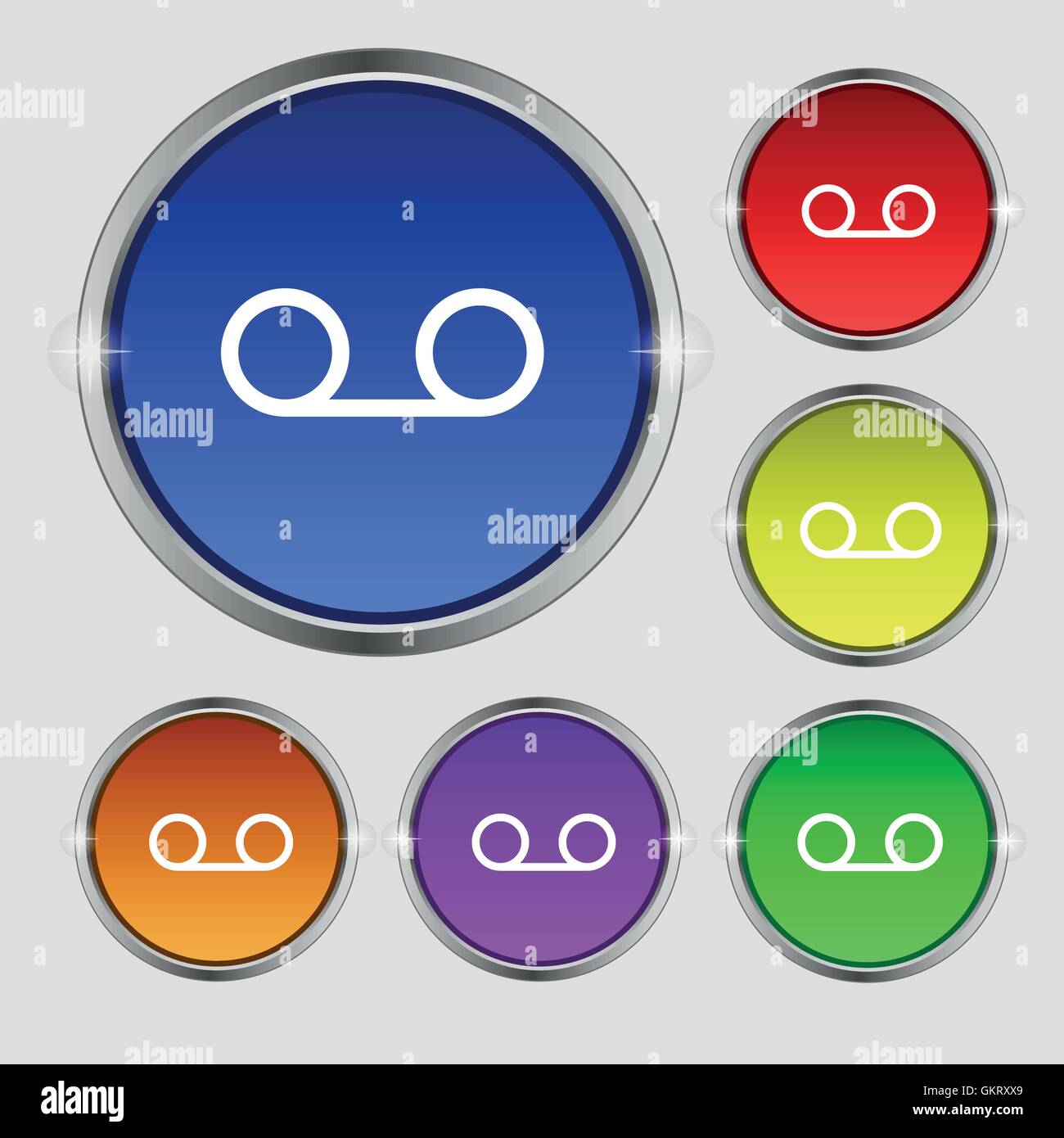 audio cassette icon sign. Round symbol on bright colourful buttons ...