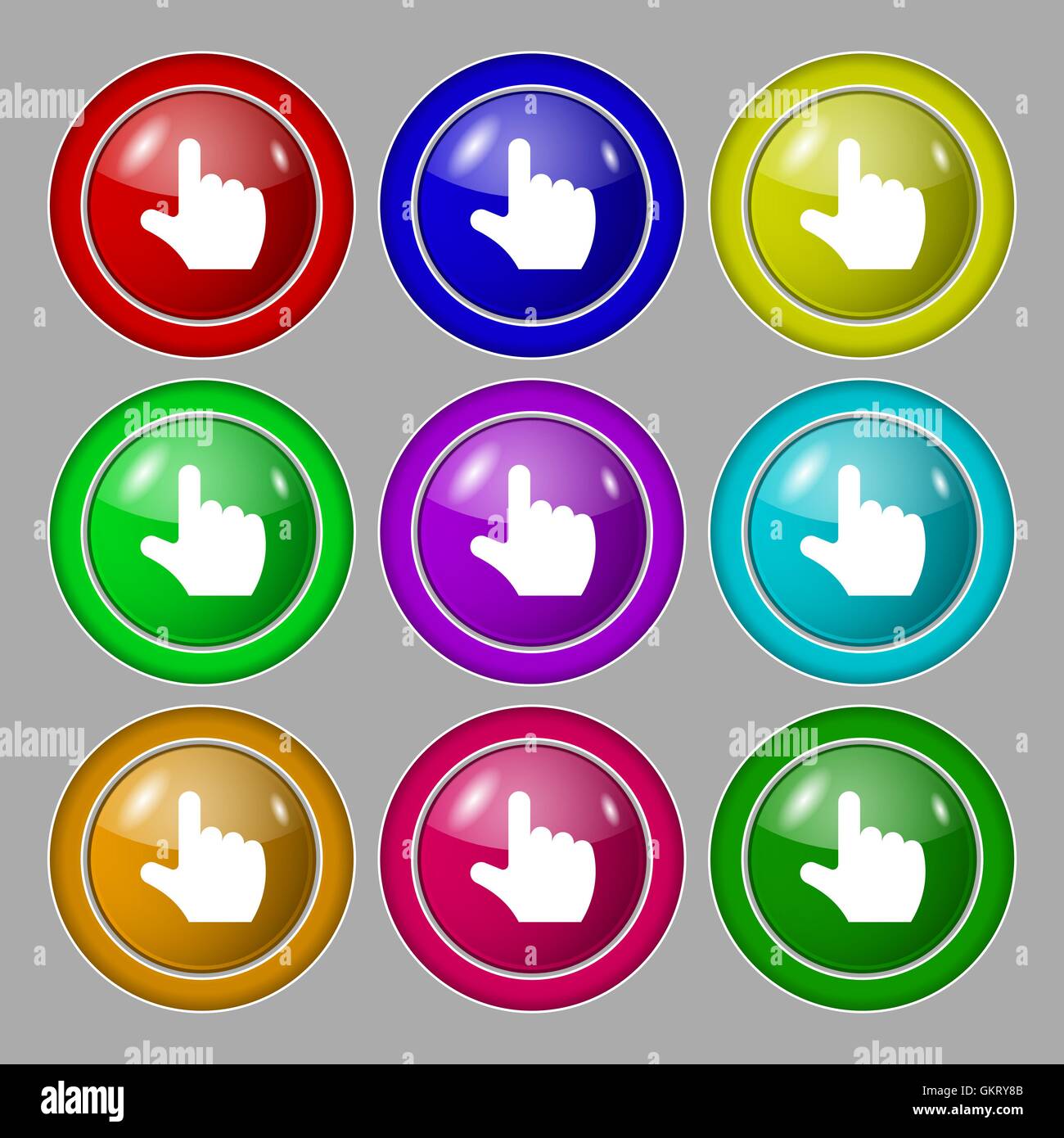 pointing hand icon sign. symbol on nine round colourful buttons. Vector ...