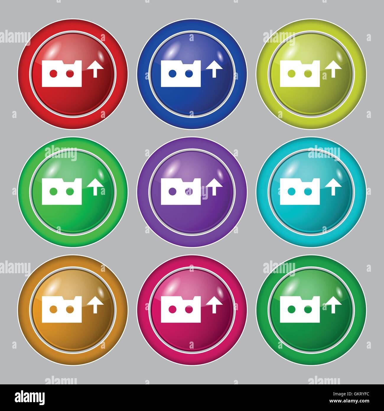 audio cassette icon sign. symbol on nine round colourful buttons ...