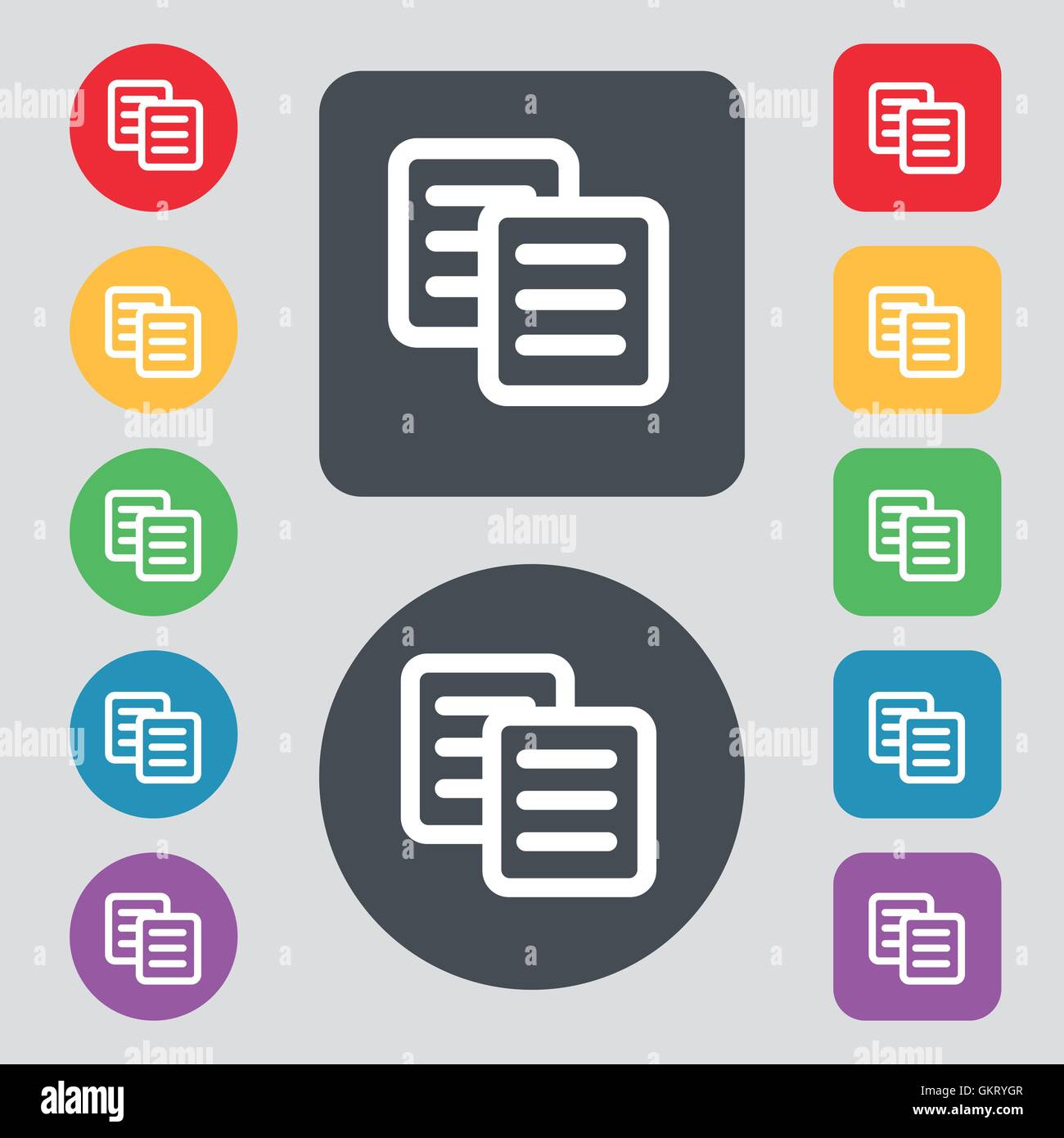 copy icon sign. A set of 12 colored buttons. Flat design. Vector Stock Vector