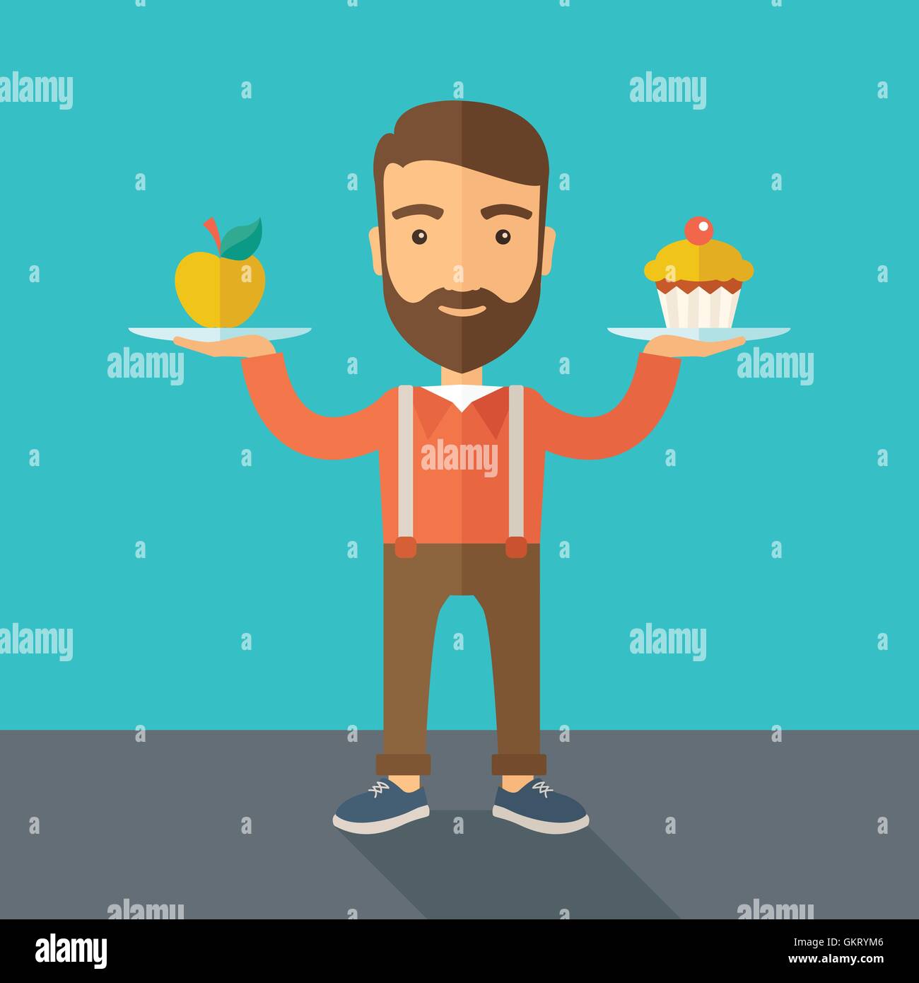 Man carries with his two hands cupcake and apple. Stock Vector