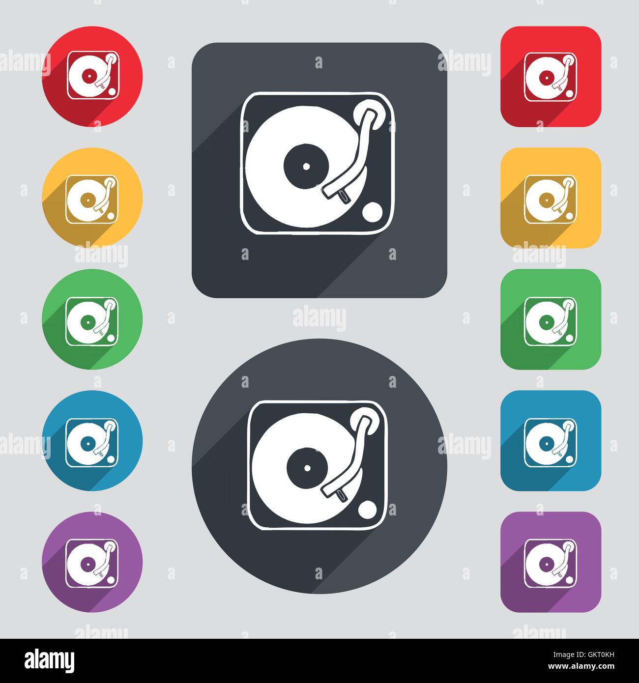 Gramophone, vinyl icon sign. A set of 12 colored buttons and a long ...