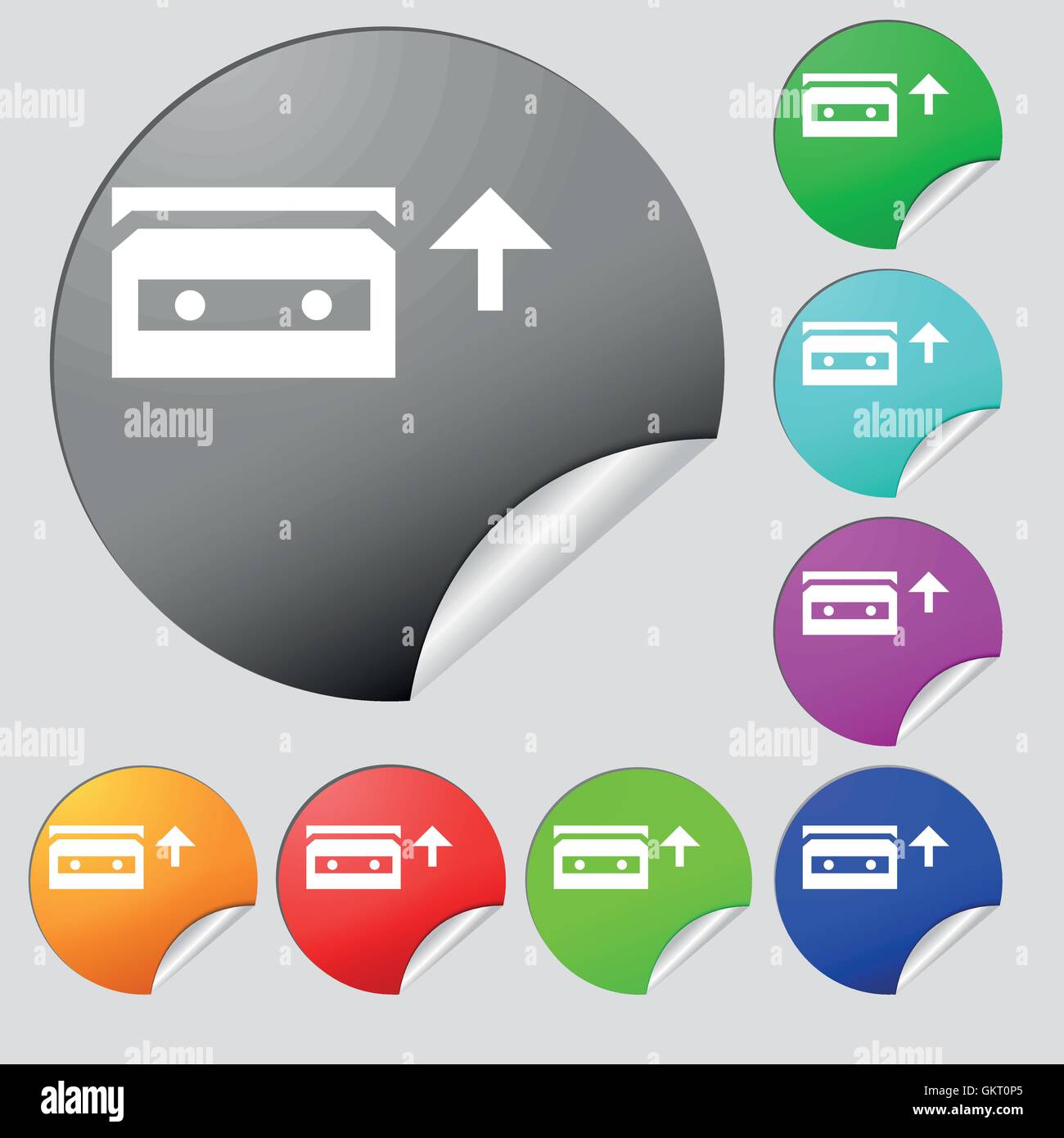 audio cassette icon sign. Set of eight multi colored round buttons ...