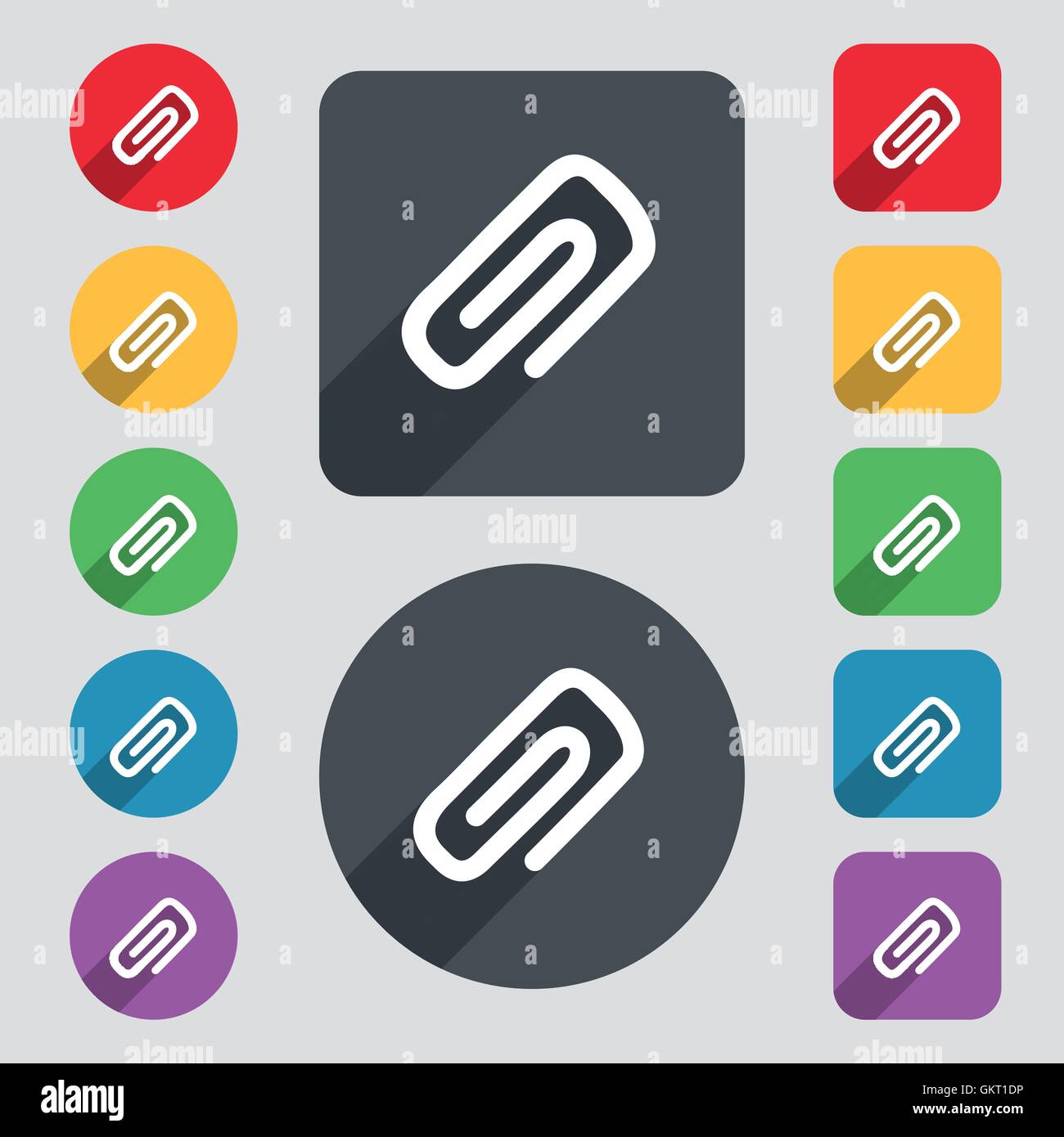 clip to paper icon sign. A set of 12 colored buttons and a long shadow ...