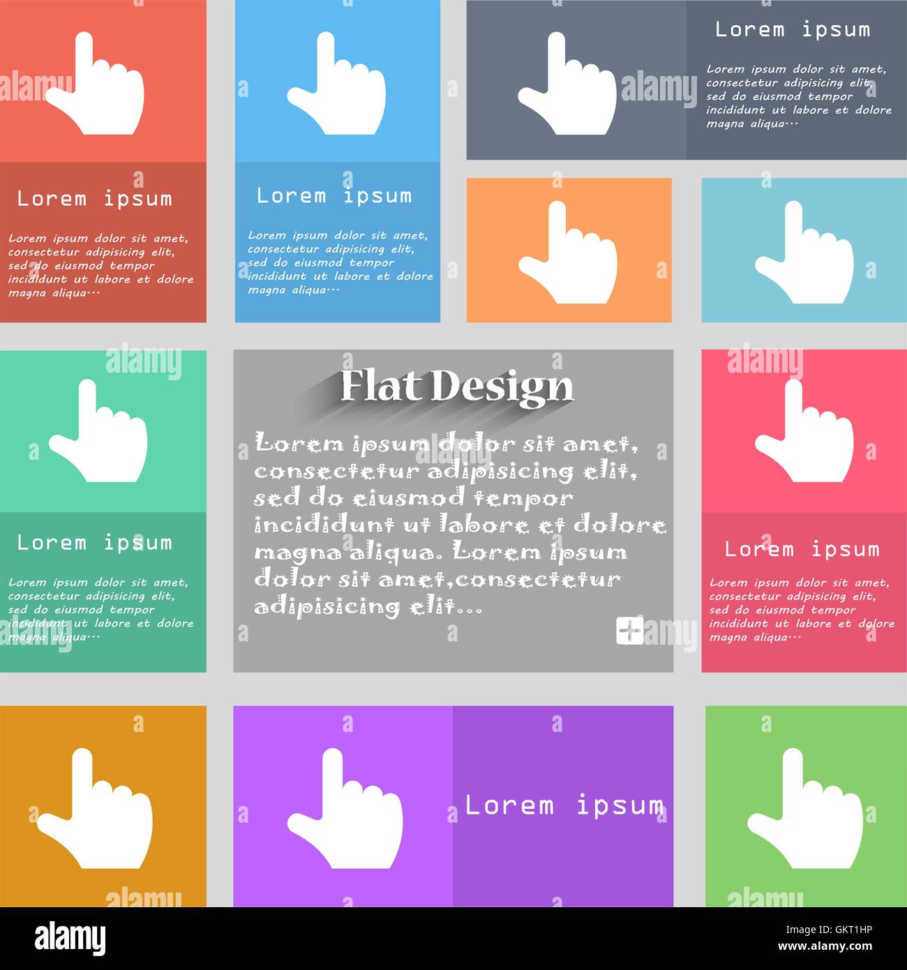 pointing hand icon sign. Set of multicolored buttons. Metro style with ...
