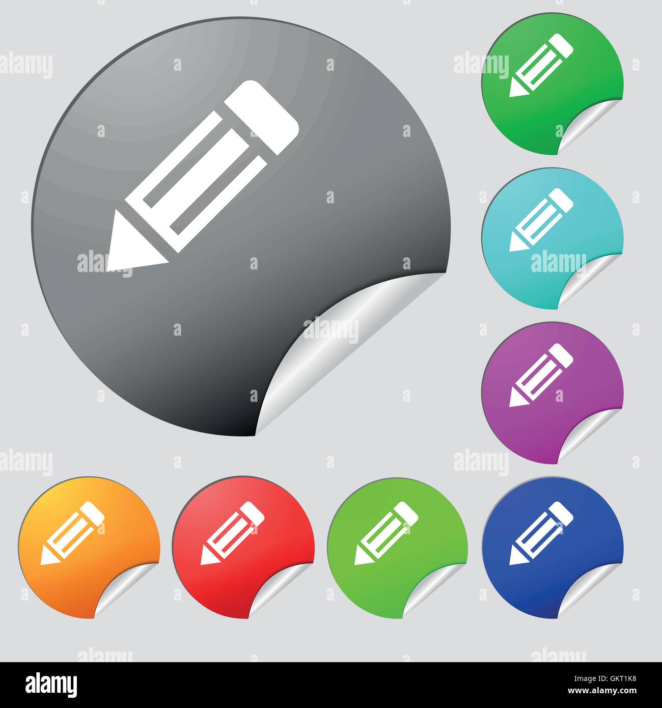 pencil icon sign. Set of eight multi colored round buttons, stickers ...