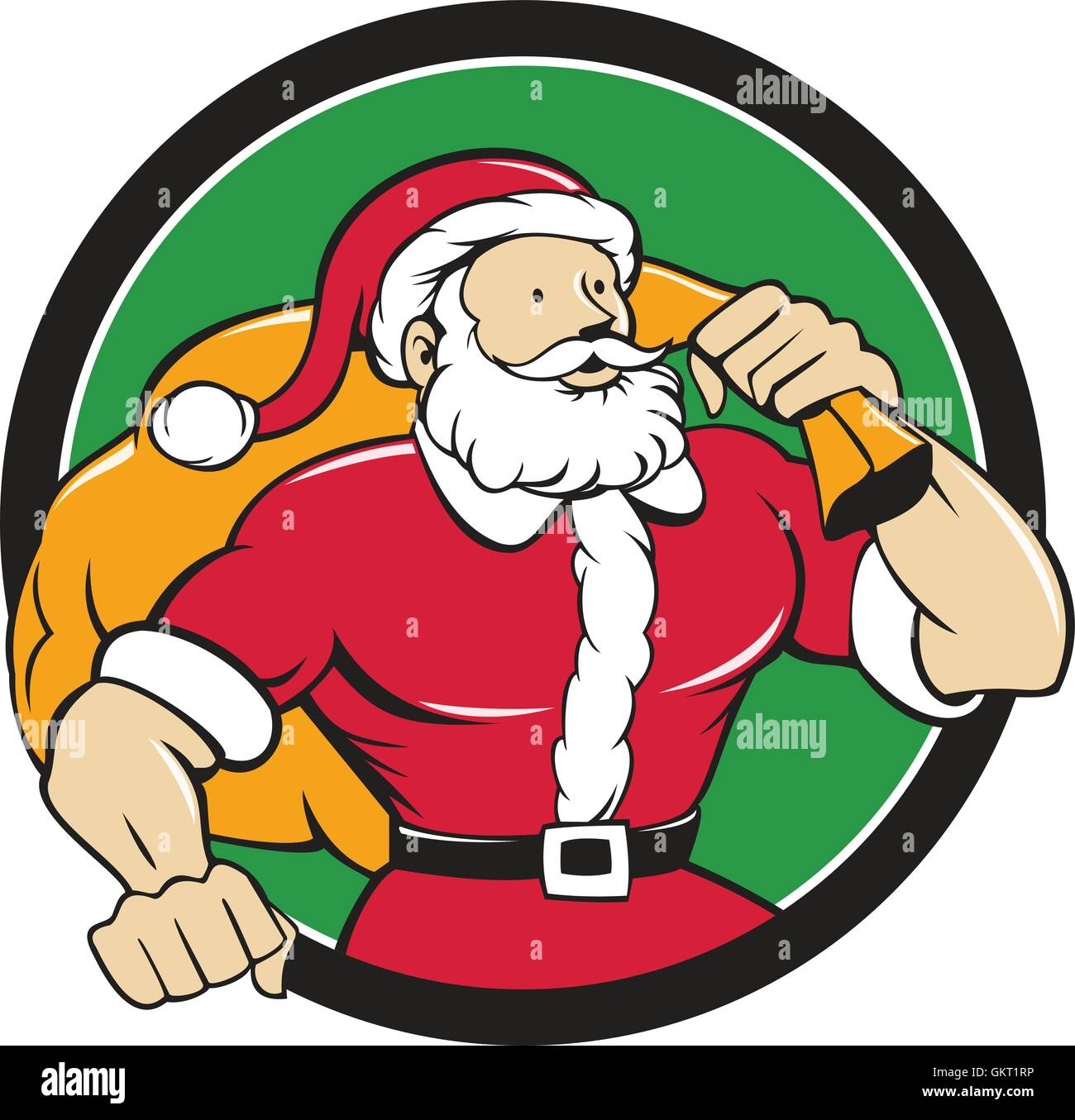 Super Santa Claus Carrying Sack Circle Cartoon Stock Vector