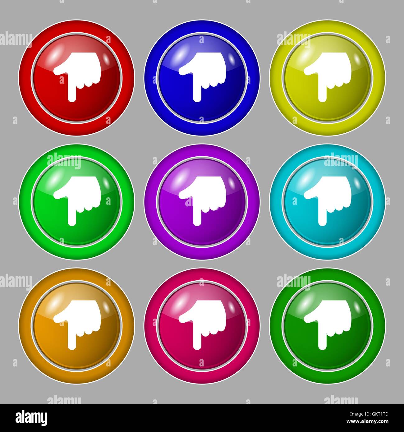 pointing hand icon sign. symbol on nine round colourful buttons. Vector ...