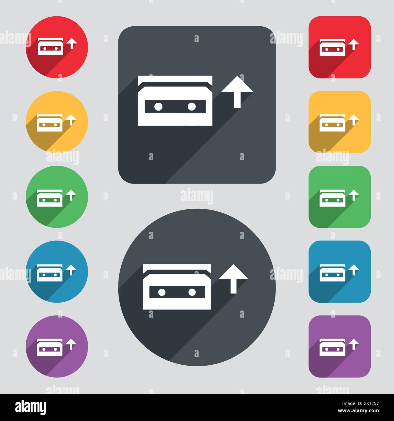 audio cassette icon sign. A set of 12 colored buttons and a long shadow ...