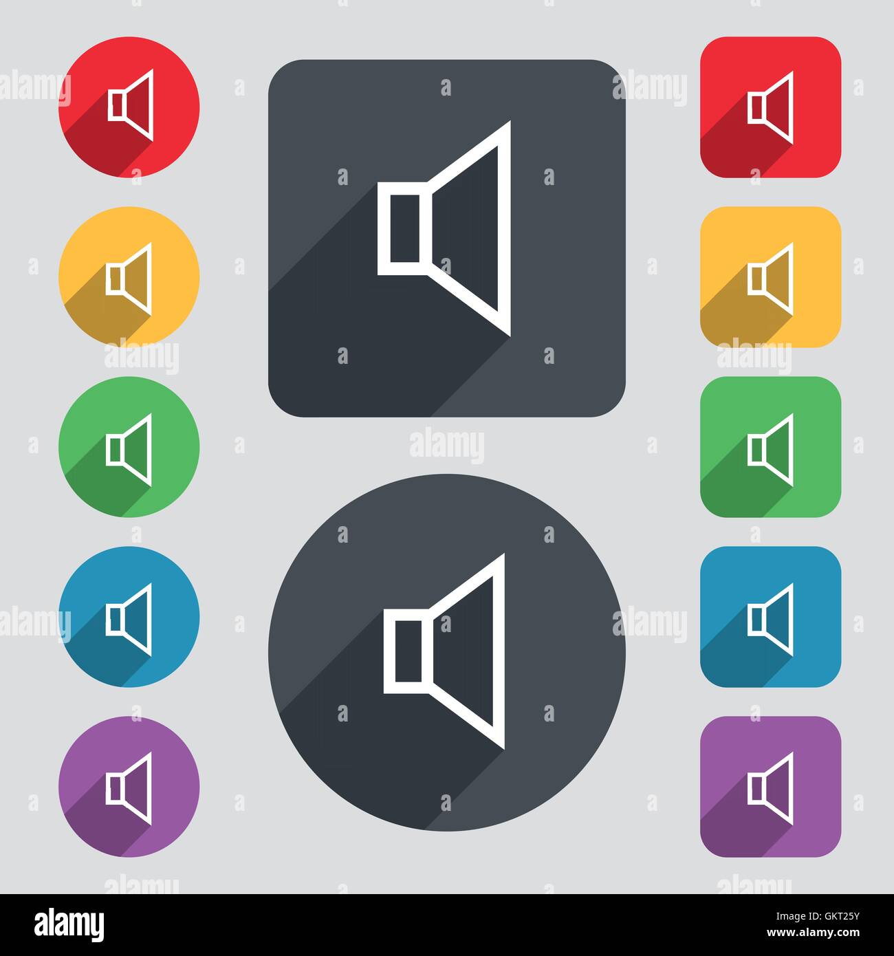 volume, sound icon sign. A set of 12 colored buttons and a long shadow ...