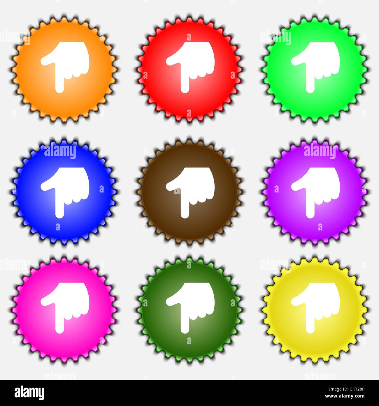 pointing hand icon sign. A set of nine different colored labels. Vector ...