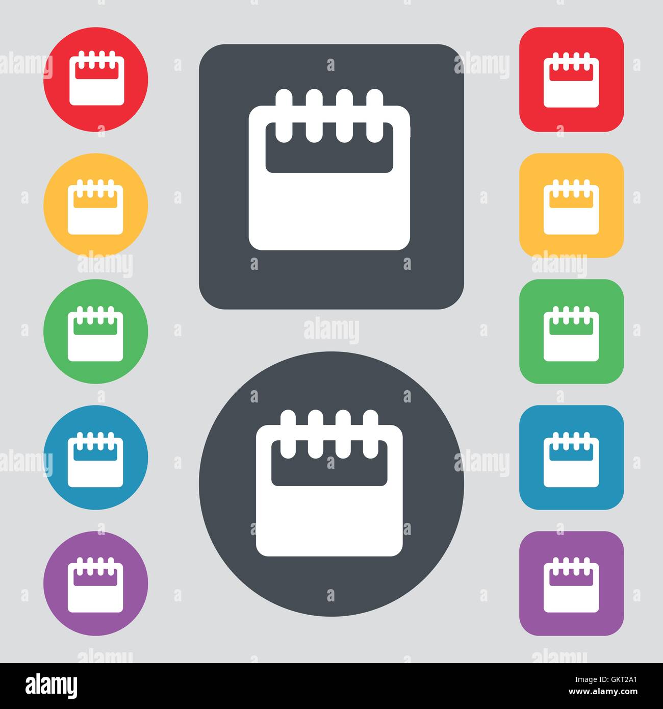 Notepad, calendar icon sign. A set of 12 colored buttons. Flat design ...