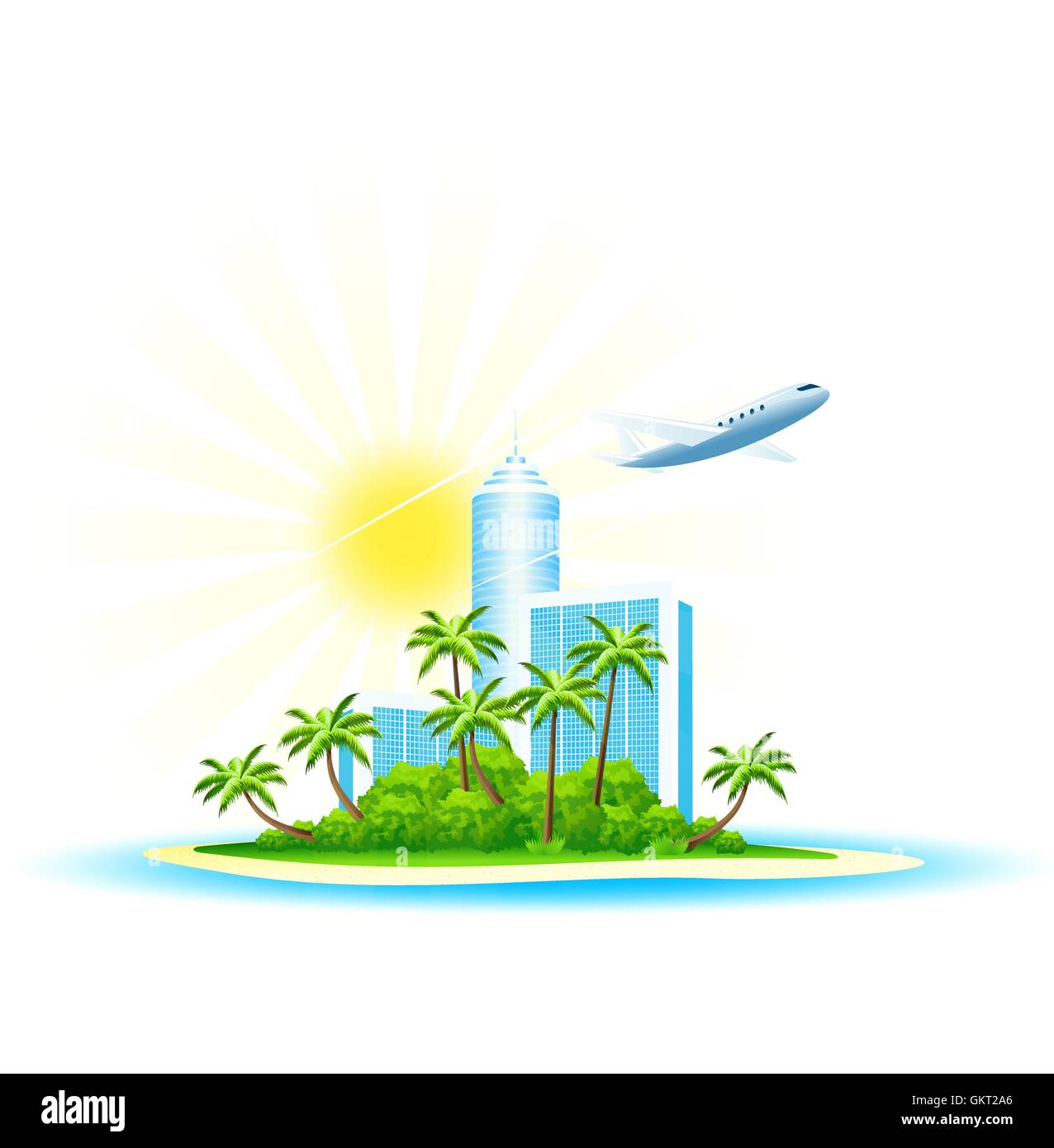 Green Palm Island with Modern Hotel and Airbus isolated on white Stock Vector