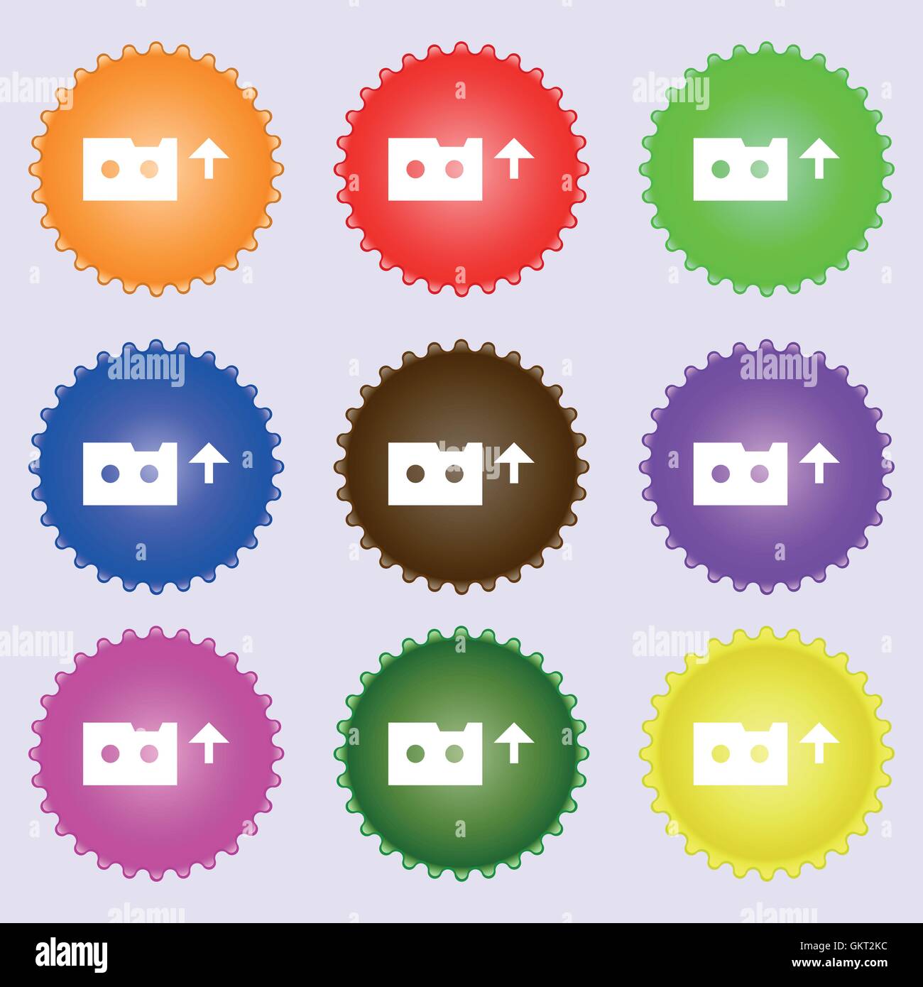 audio cassette icon sign. A set of nine different colored labels ...