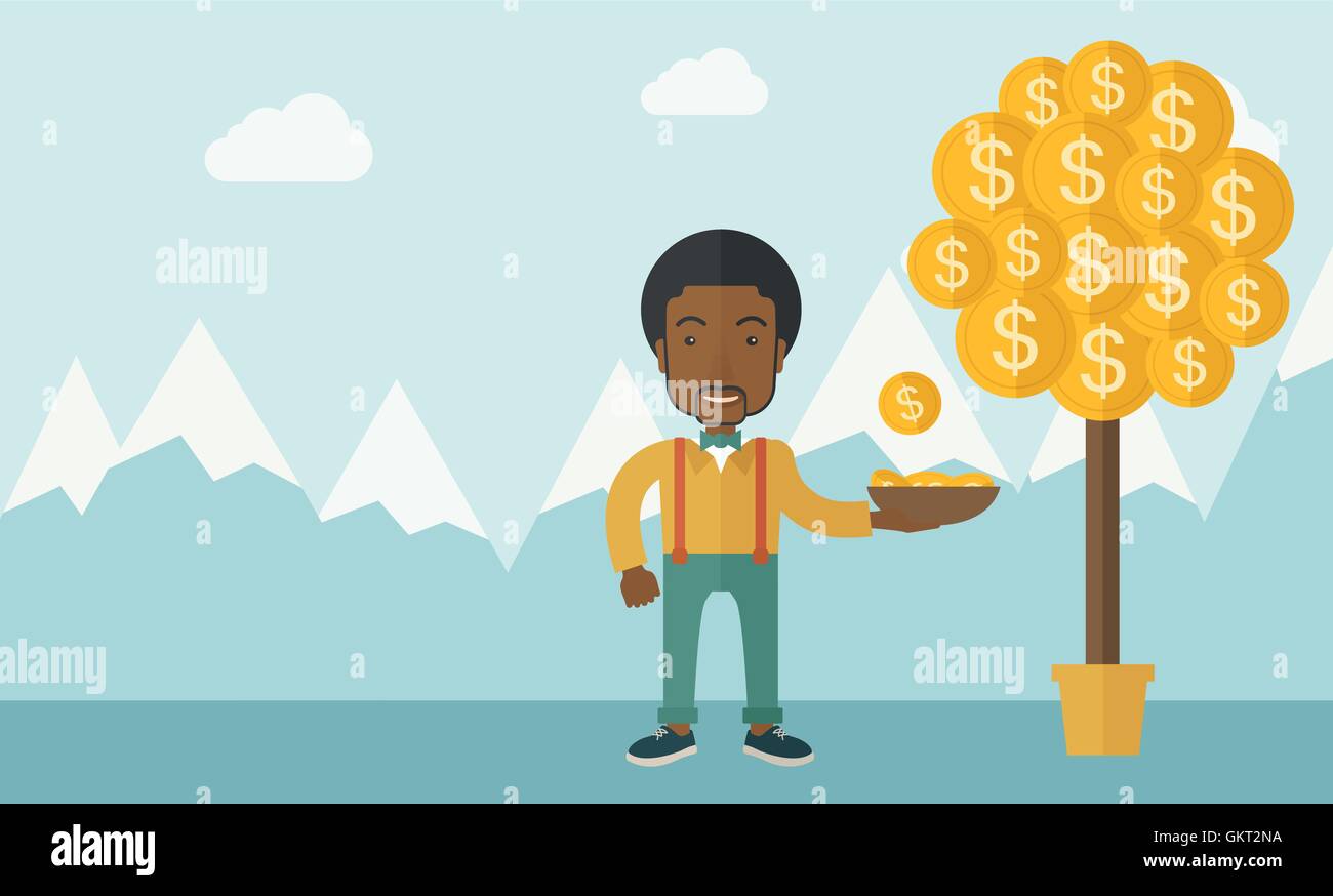 Successful African businessman standing while catching a dollar coin from money tree. Stock Vector
