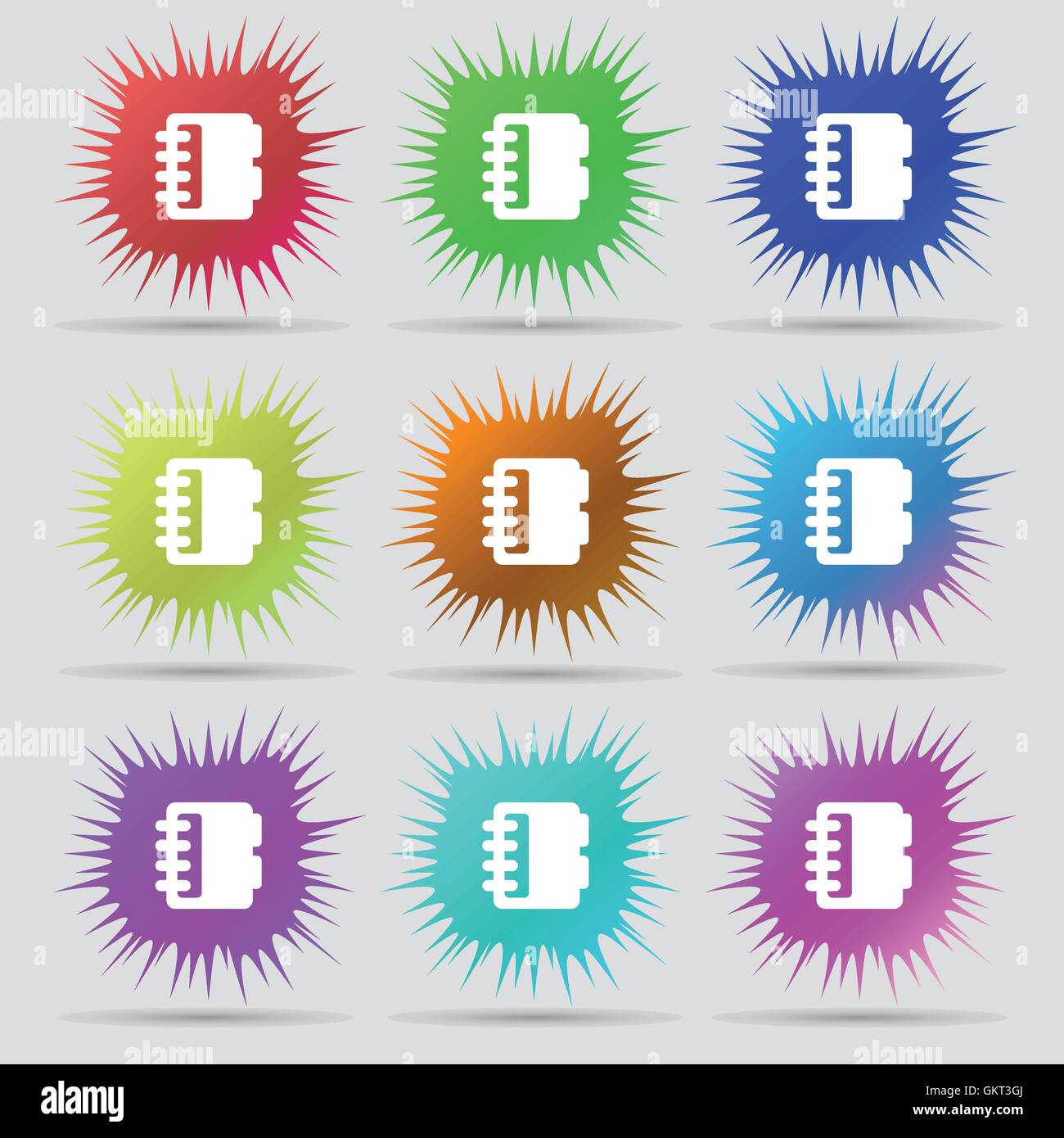 Notepad, calendar icon sign. A set of nine original needle buttons ...