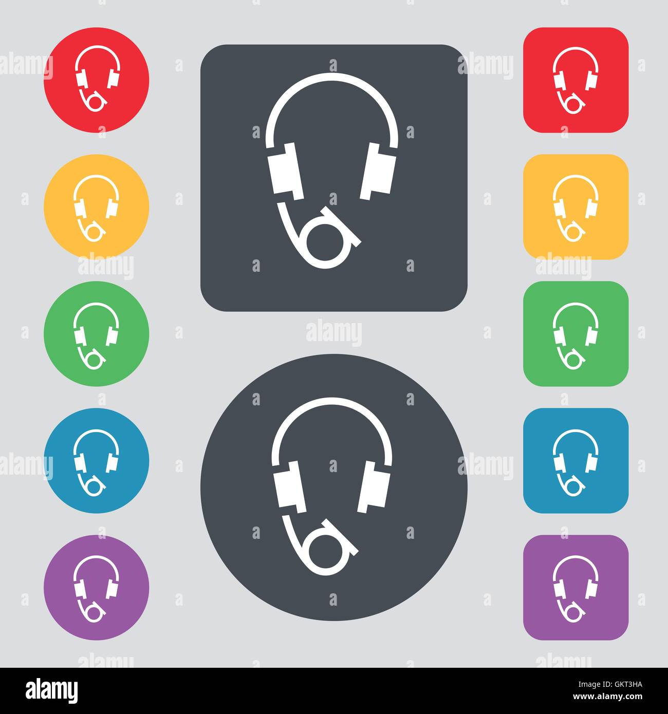 headsets icon sign. A set of 12 colored buttons. Flat design. Vector