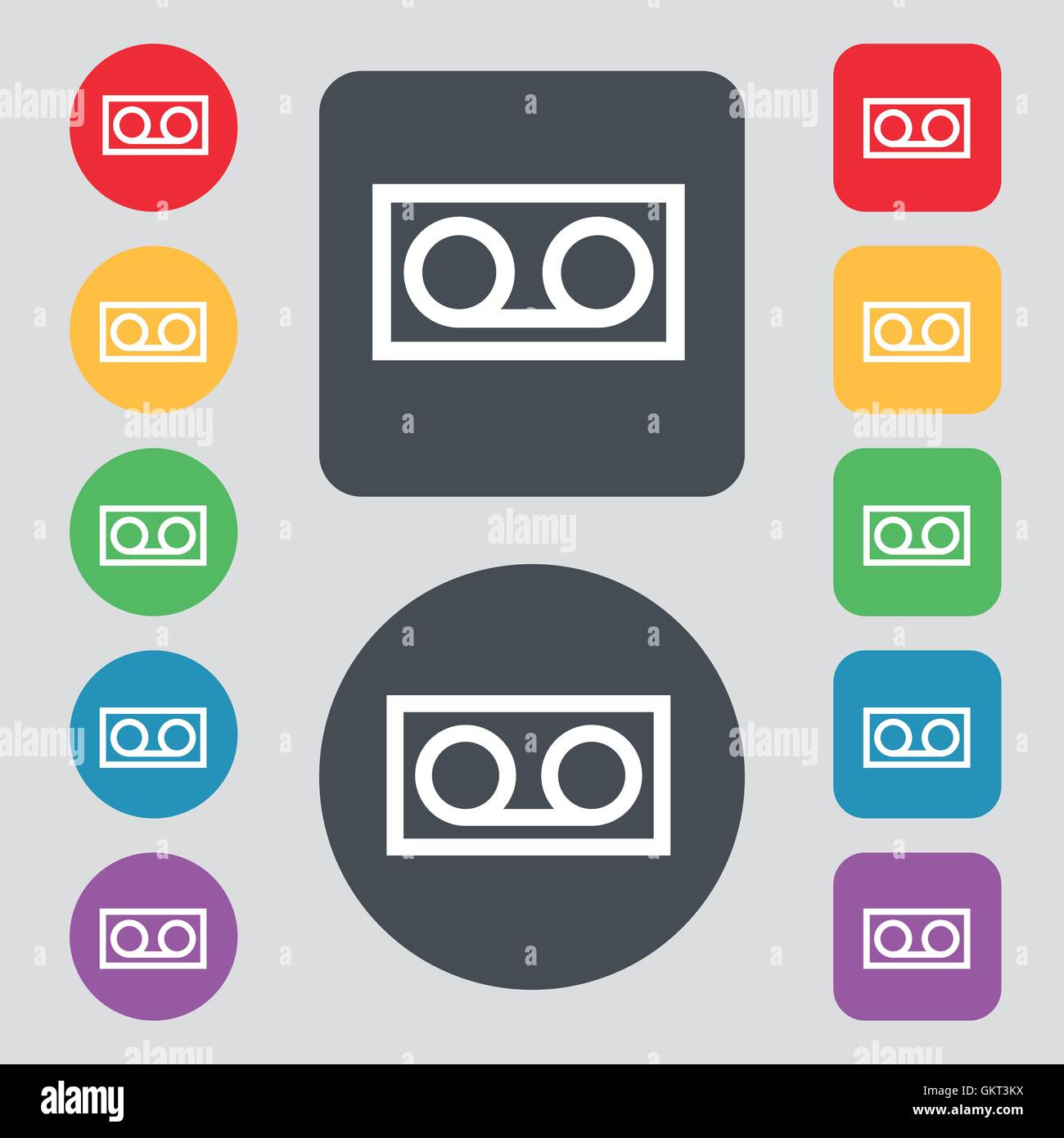 audio cassette icon sign. A set of 12 colored buttons. Flat design ...