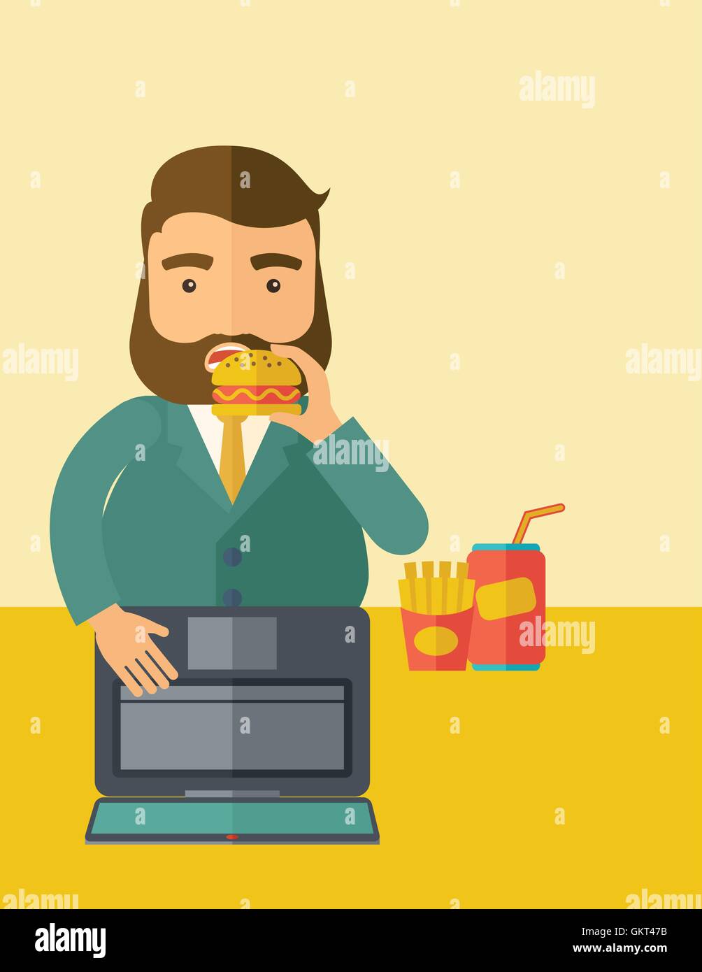 Young fat guy eating while at work. Stock Vector