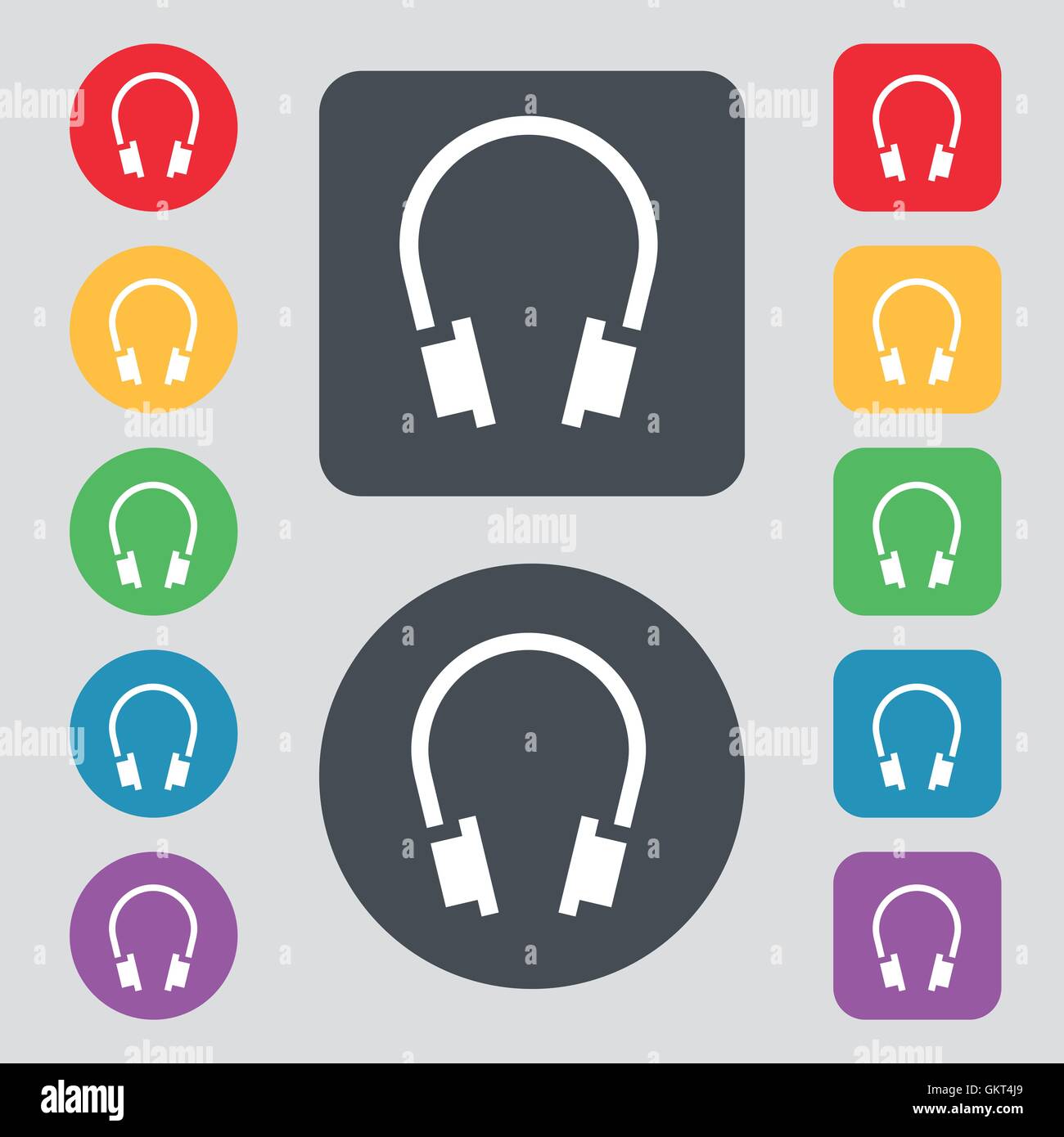 headsets icon sign. A set of 12 colored buttons. Flat design. Vector