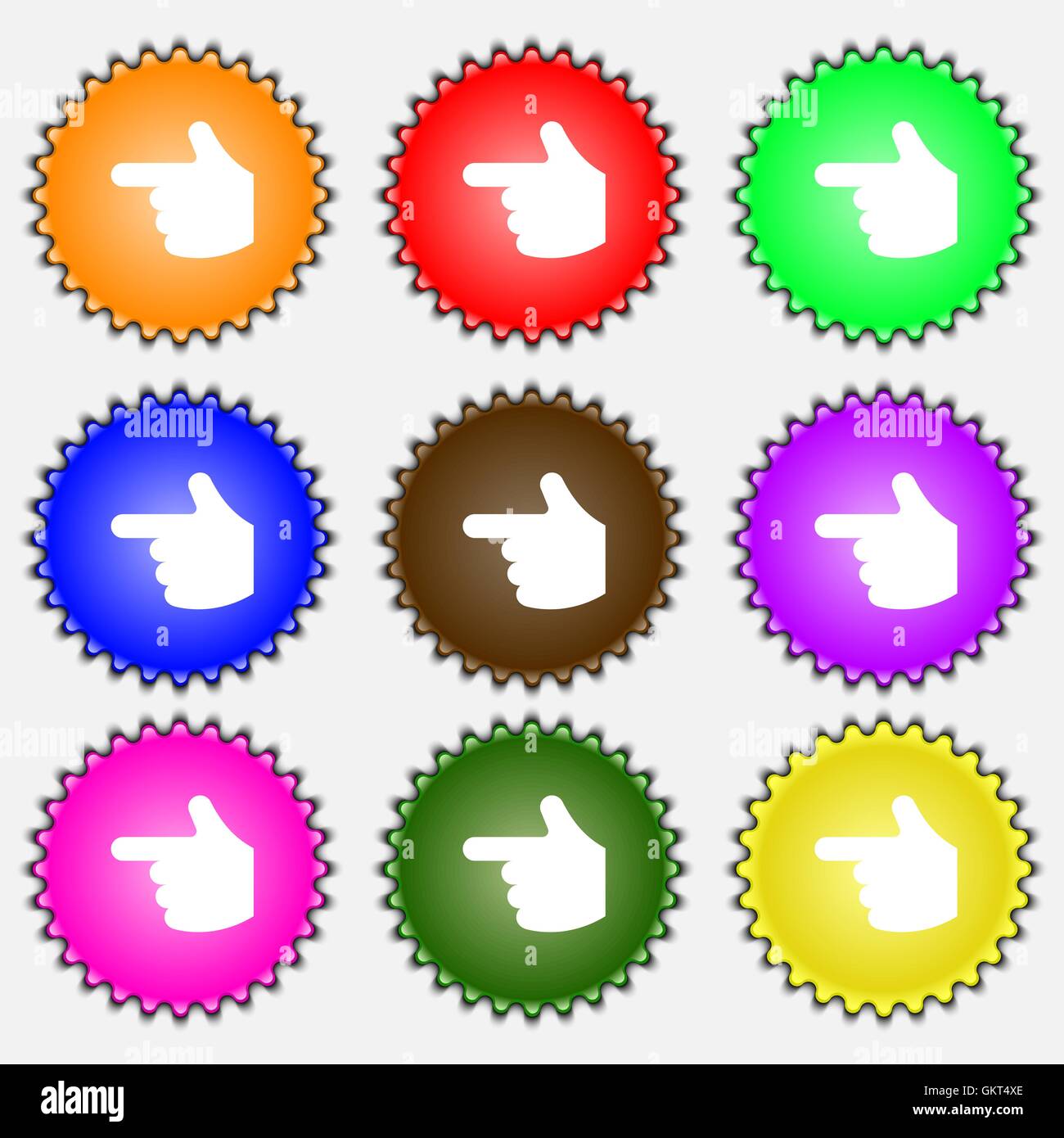 pointing hand icon sign. A set of nine different colored labels. Vector ...