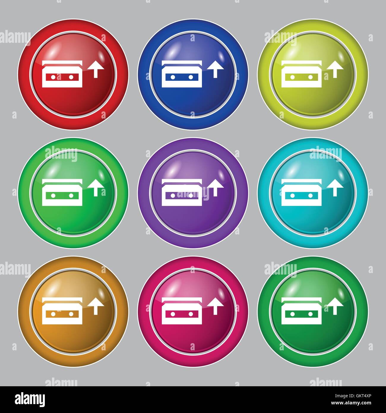 audio cassette icon sign. symbol on nine round colourful buttons ...