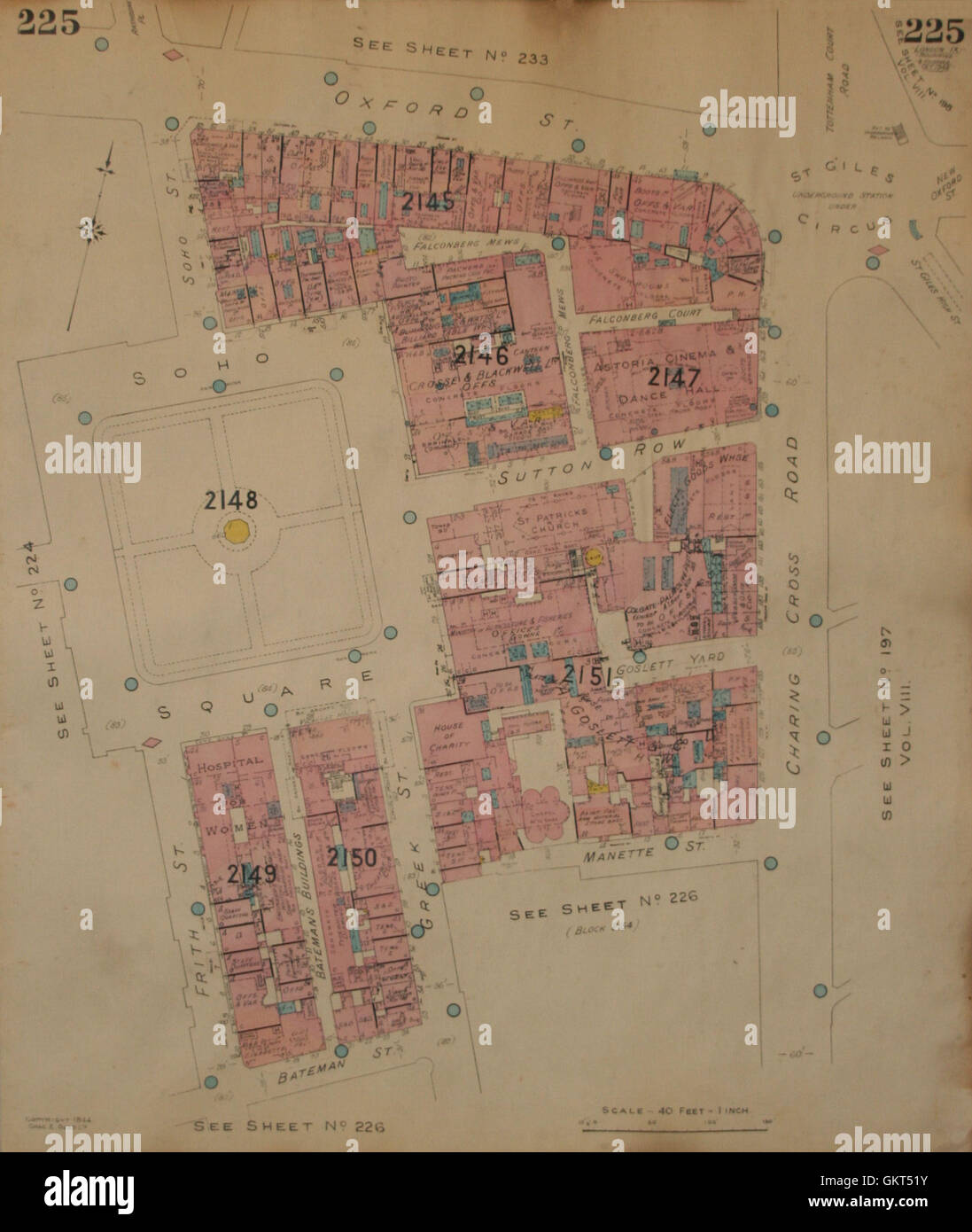 GOAD MAP:W1:Soho Sq Oxford Street Charing Cross Rd Frith Greek Sutton Row 1944 Stock Photo
