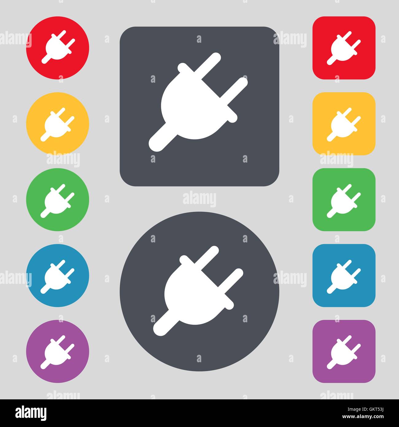 Electric plug, Power energy icon sign. A set of 12 colored buttons ...