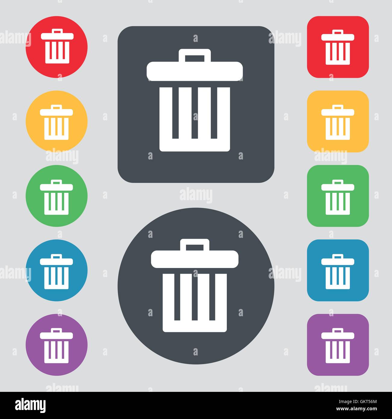Recycle bin icon sign. A set of 12 colored buttons. Flat design. Vector