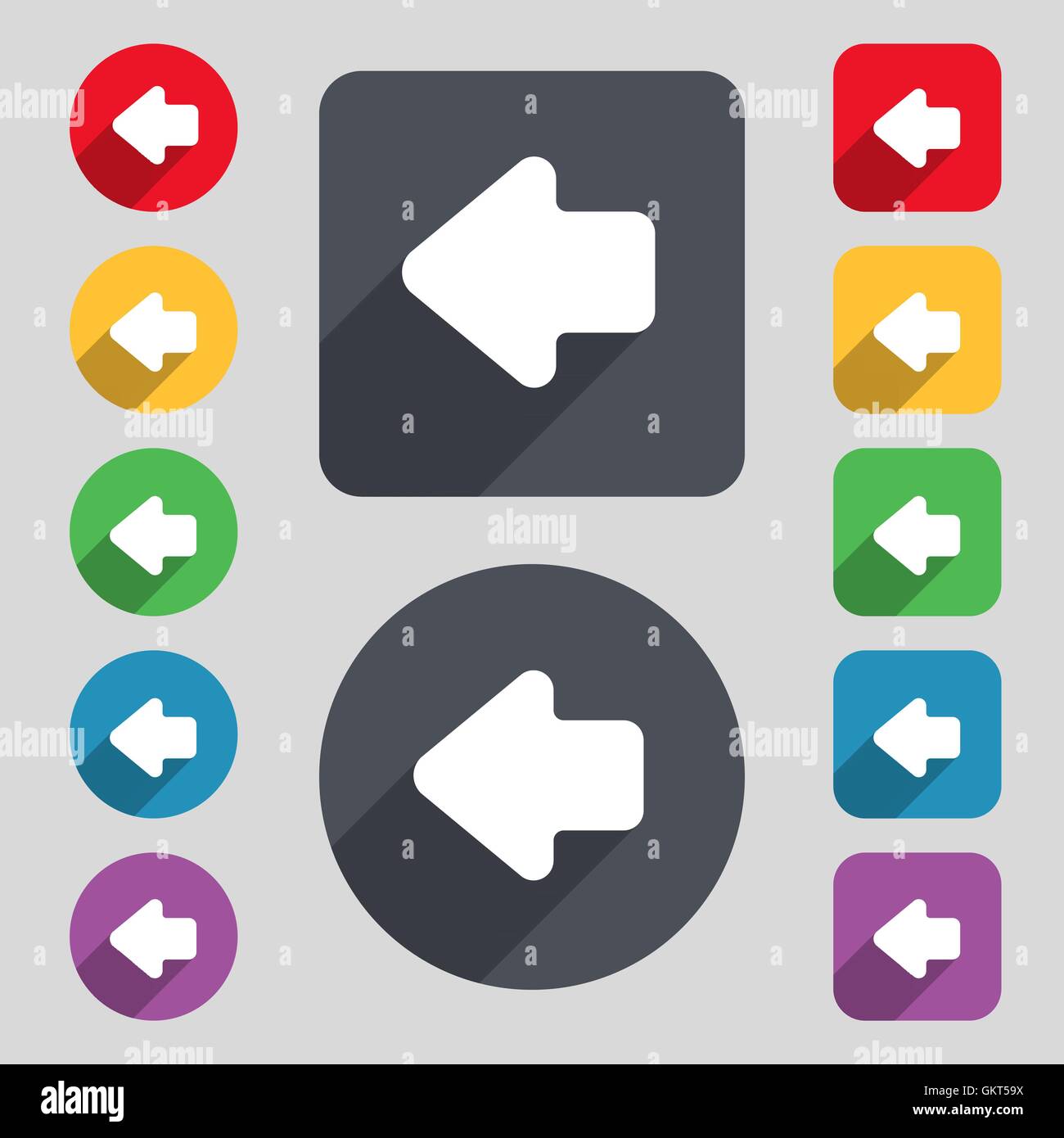 Arrow left, Way out icon sign. A set of 12 colored buttons and a long ...