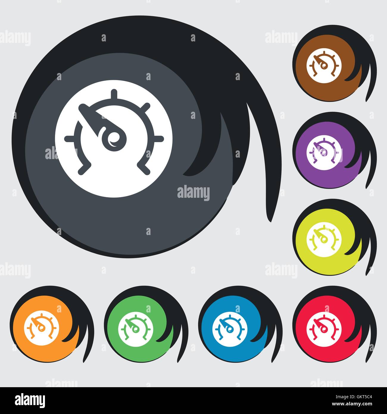 speed, speedometer icon sign. Symbol on eight colored buttons. Vector ...