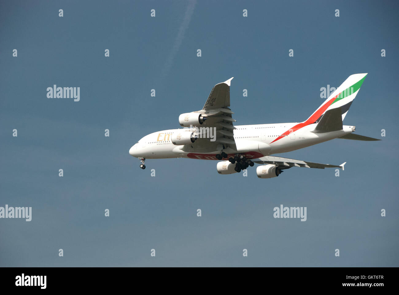 Emirates A380 landing at Manchester Airport Stock Photo