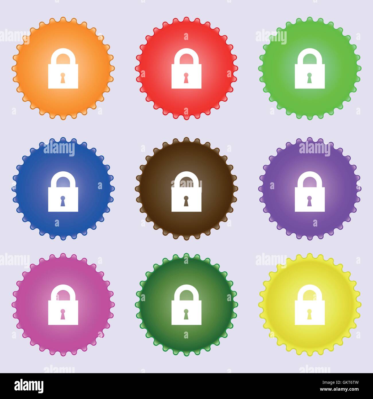 closed lock icon sign. A set of nine different colored labels. Vector ...