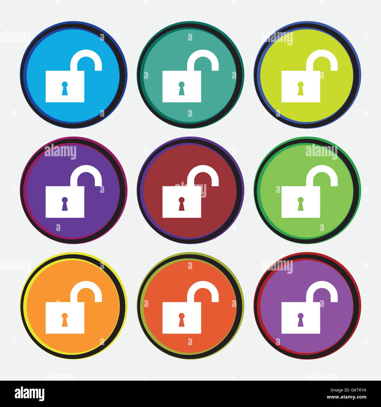 open lock icon sign. Nine multi colored round buttons. Vector Stock ...