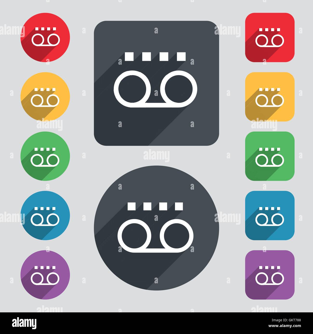 audio cassette icon sign. A set of 12 colored buttons and a long shadow ...