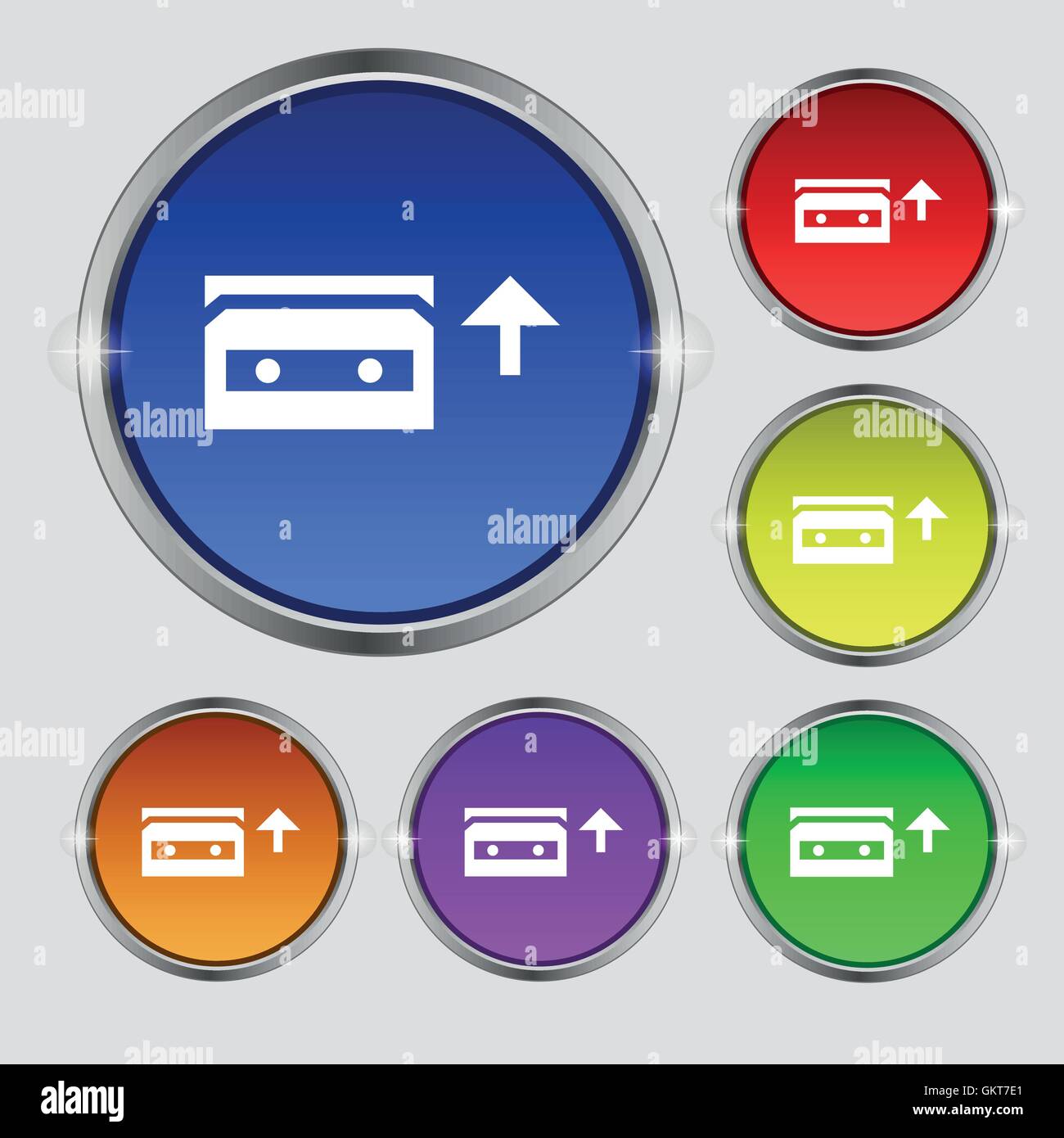 audio cassette icon sign. Round symbol on bright colourful buttons ...