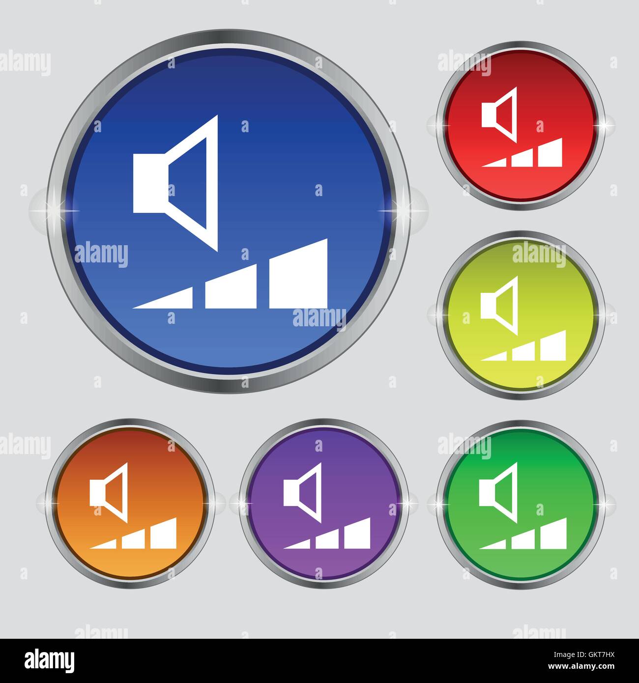 volume, sound icon sign. Round symbol on bright colourful buttons ...