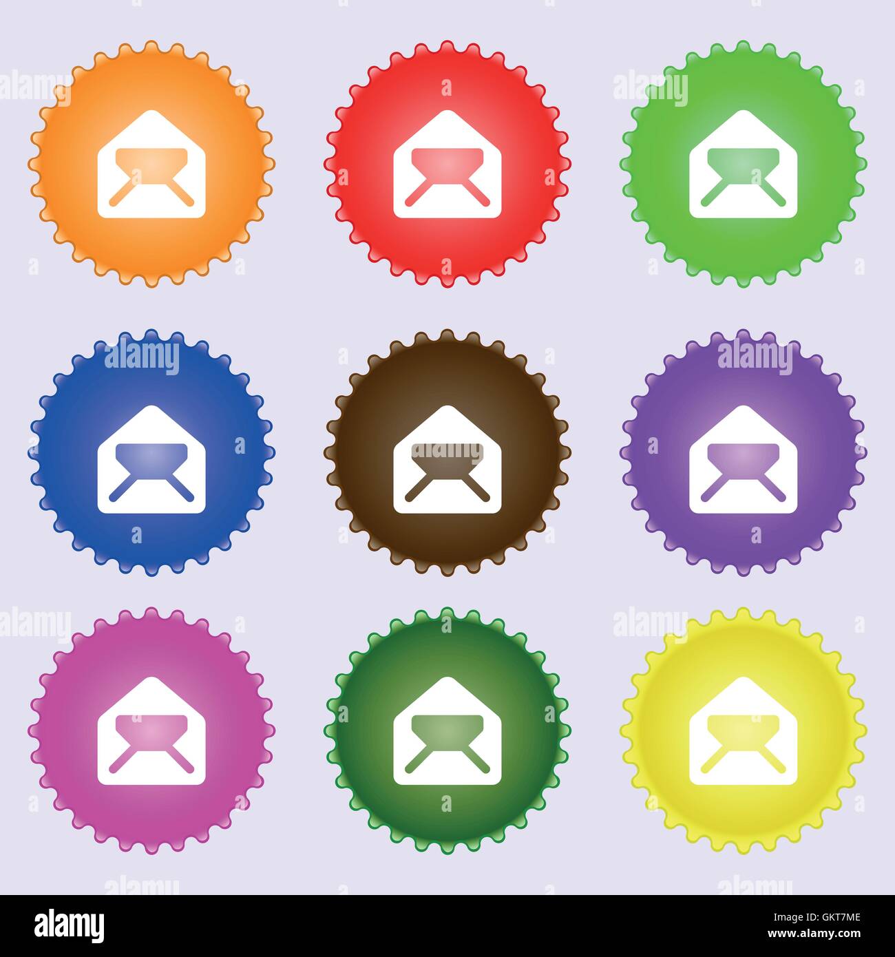 Mail, envelope, letter icon sign. A set of nine different colored ...
