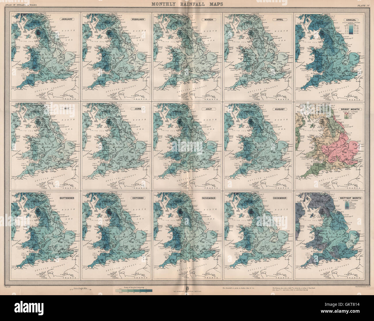GREAT BRITAIN. England and Wales. Monthly & annual Rainfall. LARGE, 1903 map Stock Photo