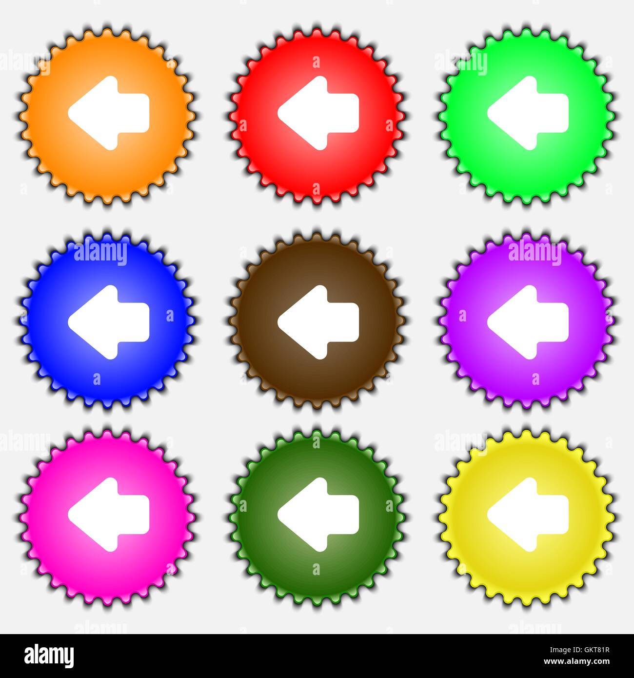 Arrow left, Way out icon sign. A set of nine different colored labels ...