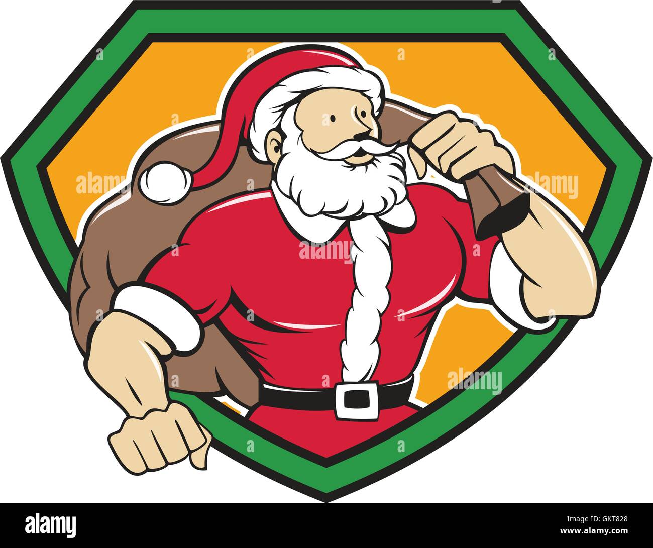 Super Santa Claus Carrying Sack Shield Cartoon Stock Vector